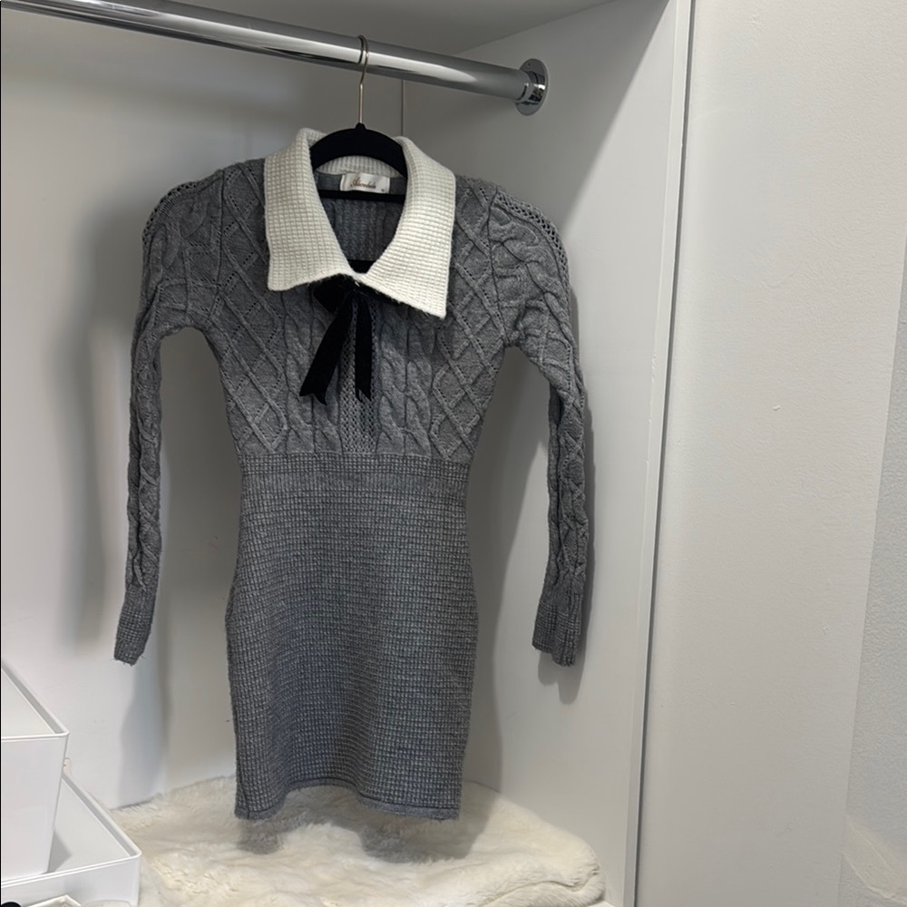 Alicedudu Gray Knit Dress with White Collar US S